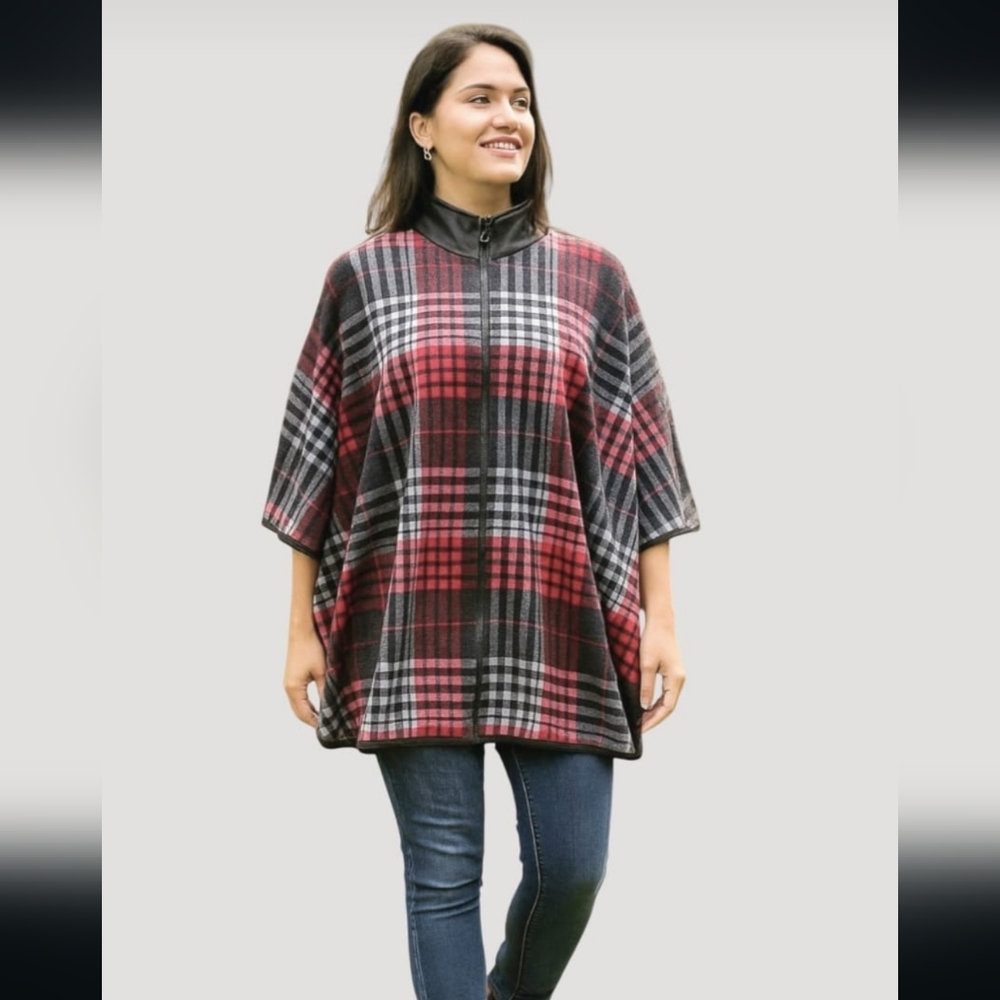 Modes Crystal Fashions Zip Up Tartan Plaid Cape Shawl Poncho  Vegan Leather Red